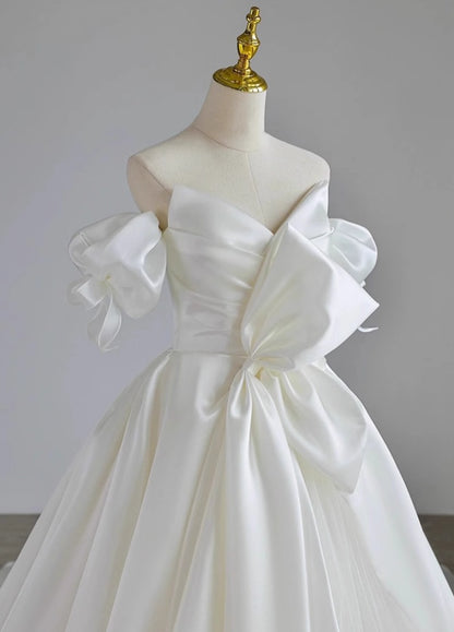 Cute A-Line Off-Shoulder Engagement Gowns With Train Satin Bows Wedding Dress AP3150
