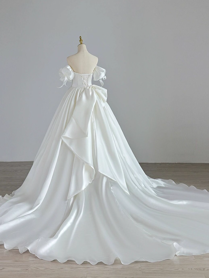 Cute A-Line Off-Shoulder Engagement Gowns With Train Satin Bows Wedding Dress AP3150