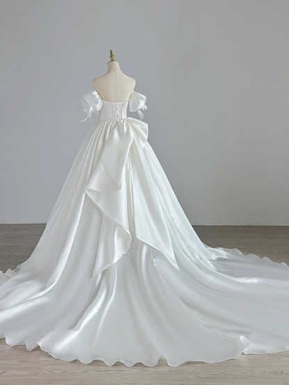 Cute A-Line Off-Shoulder Engagement Gowns With Train Satin Bows Wedding Dress AP3150
