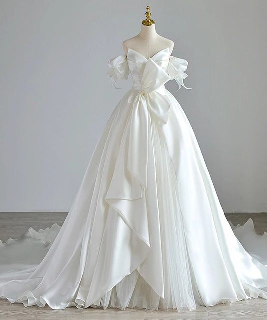 Cute A-Line Off-Shoulder Engagement Gowns With Train Satin Bows Wedding Dress AP3150