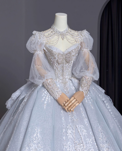 Vintage A-Line Sweetheart Neck Bridal Gowns Beading Bow Lace Appliques Puffy Long Sleeve Wedding Dress AP3151