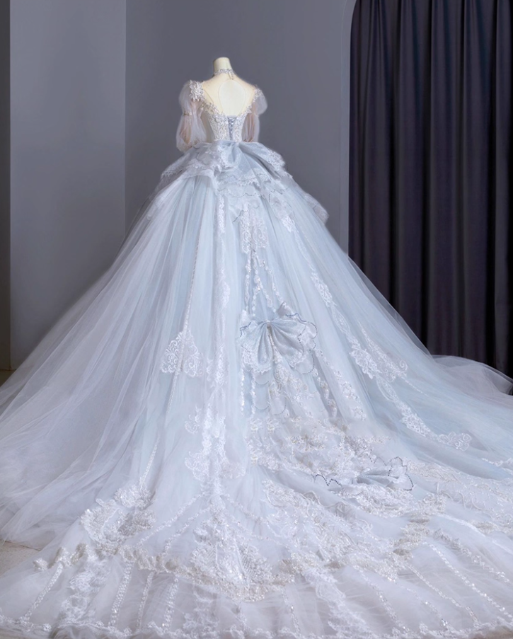 Vintage A-Line Sweetheart Neck Bridal Gowns Beading Bow Lace Appliques Puffy Long Sleeve Wedding Dress AP3151