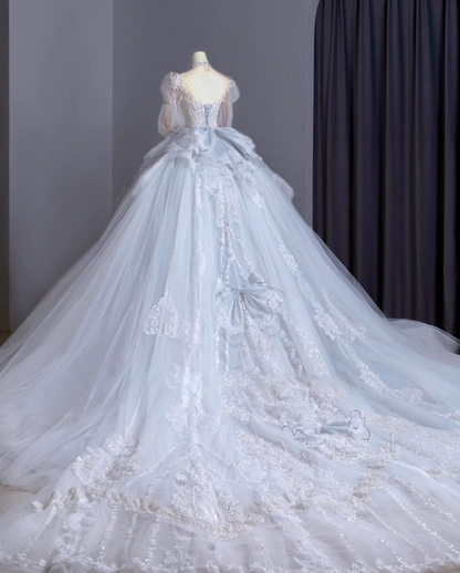 Vintage A-Line Sweetheart Neck Bridal Gowns Beading Bow Lace Appliques Puffy Long Sleeve Wedding Dress AP3151