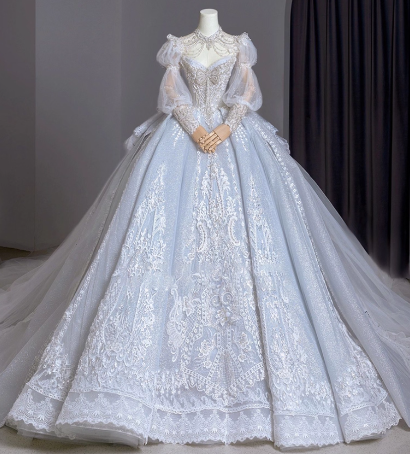 Vintage A-Line Sweetheart Neck Bridal Gowns Beading Bow Lace Appliques Puffy Long Sleeve Wedding Dress AP3151