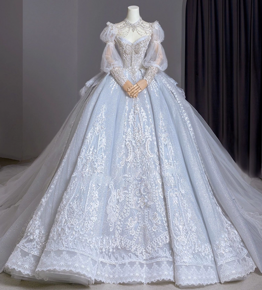 Vintage A-Line Sweetheart Neck Bridal Gowns Beading Bow Lace Appliques Puffy Long Sleeve Wedding Dress AP3151