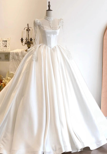 Artistic A-Line Sweetheart Neck Bridal Gowns Long Sleeve Beading Bow Sequins Satin Wedding Dress AP3152