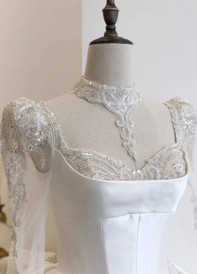 Artistic A-Line Sweetheart Neck Bridal Gowns Long Sleeve Beading Bow Sequins Satin Wedding Dress AP3152