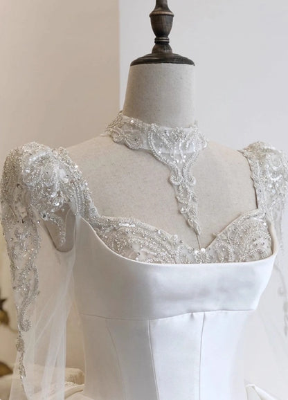 Artistic A-Line Sweetheart Neck Bridal Gowns Long Sleeve Beading Bow Sequins Satin Wedding Dress AP3152