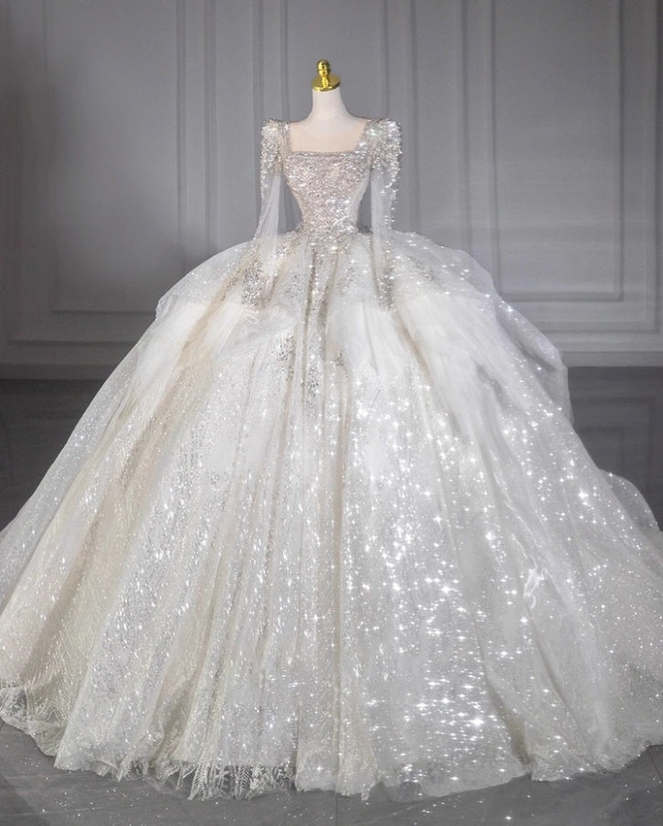 Ethereal A-Line Illusion Neck Bridal Gowns Sheer Long Sleeve Beading Crystals Wedding Dress AP3154