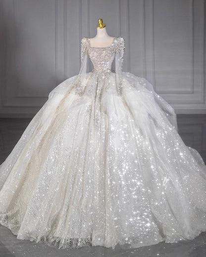 Ethereal A-Line Illusion Neck Bridal Gowns Sheer Long Sleeve Beading Crystals Wedding Dress AP3154