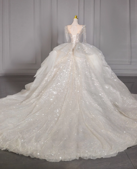 Ethereal A-Line Illusion Neck Bridal Gowns Sheer Long Sleeve Beading Crystals Wedding Dress AP3154