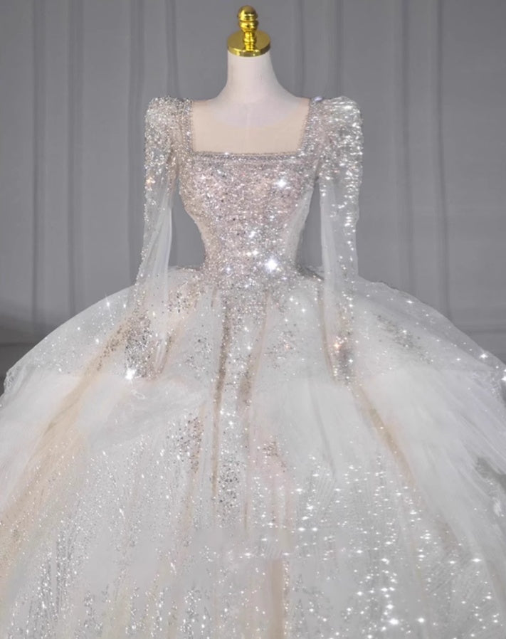 Ethereal A-Line Illusion Neck Bridal Gowns Sheer Long Sleeve Beading Crystals Wedding Dress AP3154