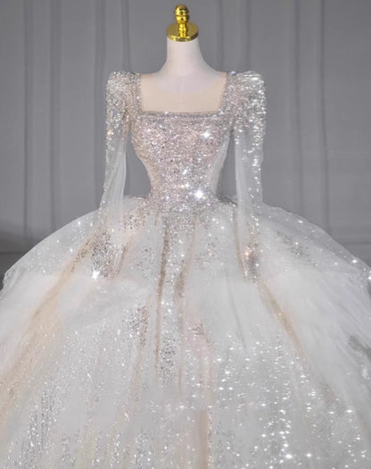 Ethereal A-Line Illusion Neck Bridal Gowns Sheer Long Sleeve Beading Crystals Wedding Dress AP3154