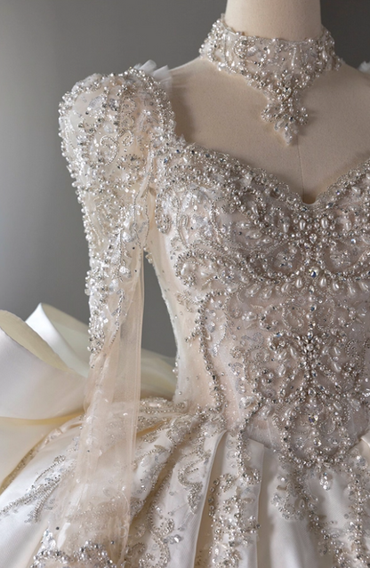 Sheen A-Line Sweetheart Neck Bridal Gowns Beading Sequins Bow Long Sleeve Wedding Dress AP3155