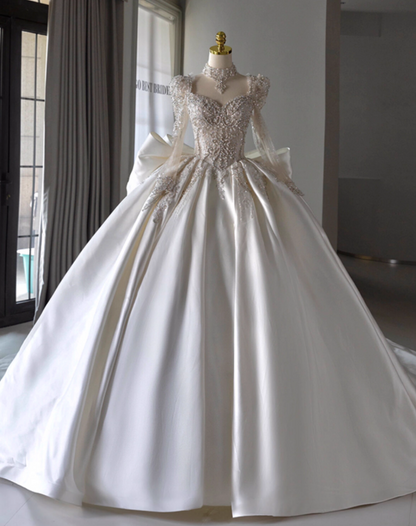 Sheen A-Line Sweetheart Neck Bridal Gowns Beading Sequins Bow Long Sleeve Wedding Dress AP3155