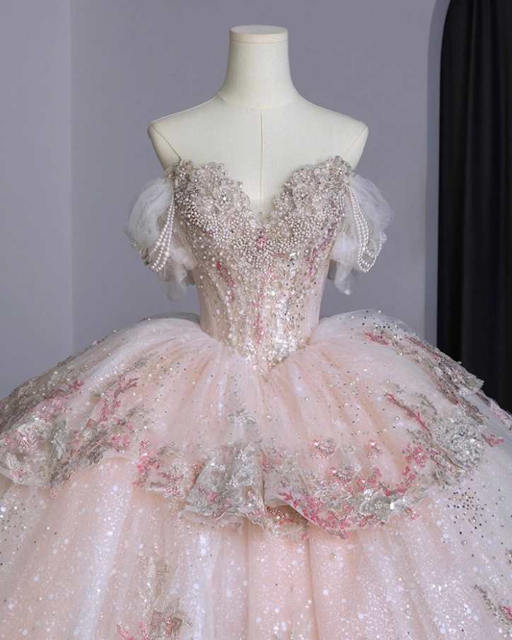 Alluring Off-Shoulder A-Line Formal Gowns Tiered Appliques Beads Sequins Pink Prom Dress AP3156