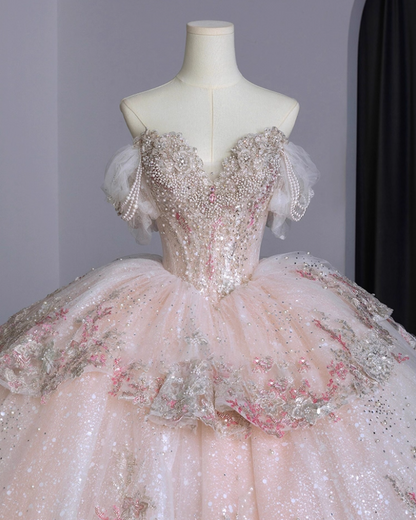 Alluring Off-Shoulder A-Line Formal Gowns Tiered Appliques Beads Sequins Pink Prom Dress AP3156