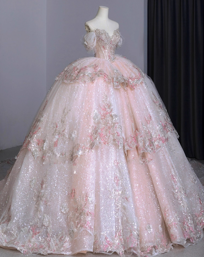 Alluring Off-Shoulder A-Line Formal Gowns Tiered Appliques Beads Sequins Pink Prom Dress AP3156