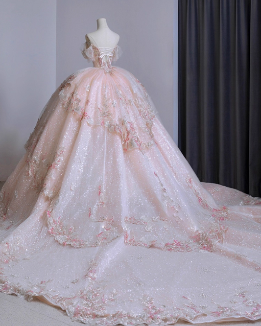 Alluring Off-Shoulder A-Line Formal Gowns Tiered Appliques Beads Sequins Pink Prom Dress AP3156