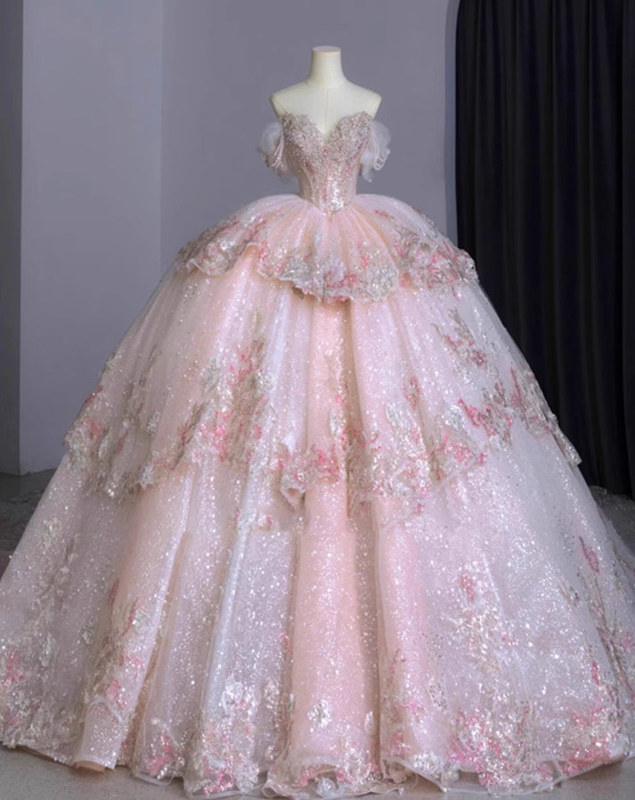 Alluring Off-Shoulder A-Line Formal Gowns Tiered Appliques Beads Sequins Pink Prom Dress AP3156