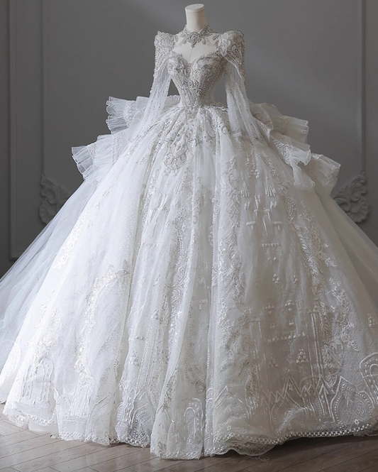 Gorgeous A-Line Jewel Neck Bridal Gowns Sheer Long Sleeve Embroidery Beading Crystals Cutout Wedding Dress AP3157