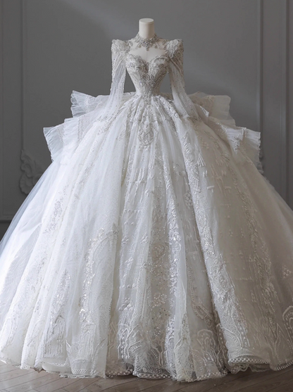 Gorgeous A-Line Jewel Neck Bridal Gowns Sheer Long Sleeve Embroidery Beading Crystals Cutout Wedding Dress AP3157