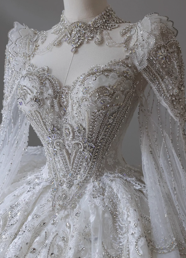 Gorgeous A-Line Jewel Neck Bridal Gowns Sheer Long Sleeve Embroidery Beading Crystals Cutout Wedding Dress AP3157