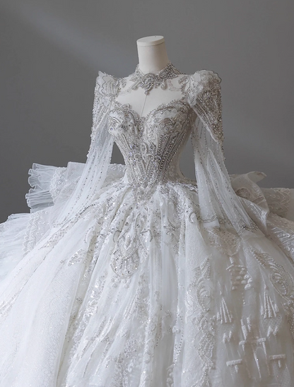 Gorgeous A-Line Jewel Neck Bridal Gowns Sheer Long Sleeve Embroidery Beading Crystals Cutout Wedding Dress AP3157