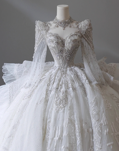 Gorgeous A-Line Jewel Neck Bridal Gowns Sheer Long Sleeve Embroidery Beading Crystals Cutout Wedding Dress AP3157