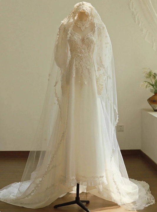 Glam A-Line Jewel Neck Bridal Gowns Appliques Beads Tulle White Wedding Dress AP3158