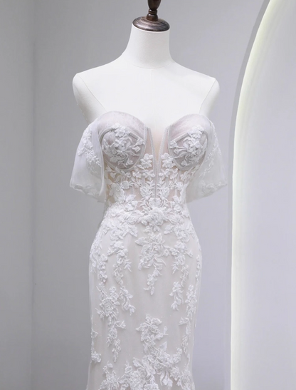 Glamorous Off-Shoulder Mermaid Bridal Dress Appliques Tulle Long Wedding Dress AP3159