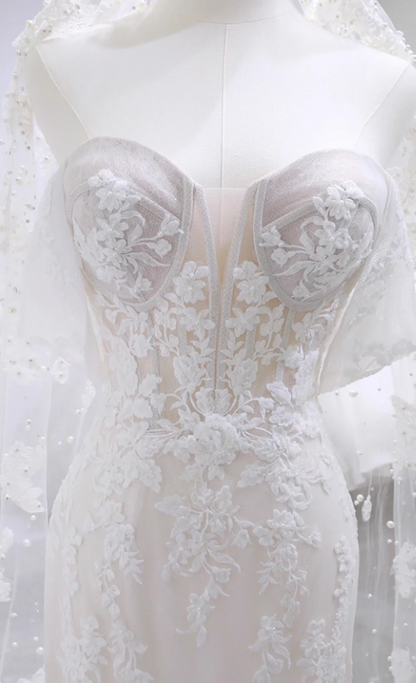 Glamorous Off-Shoulder Mermaid Bridal Dress Appliques Tulle Long Wedding Dress AP3159