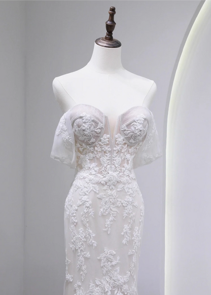 Glamorous Off-Shoulder Mermaid Bridal Dress Appliques Tulle Long Wedding Dress AP3159