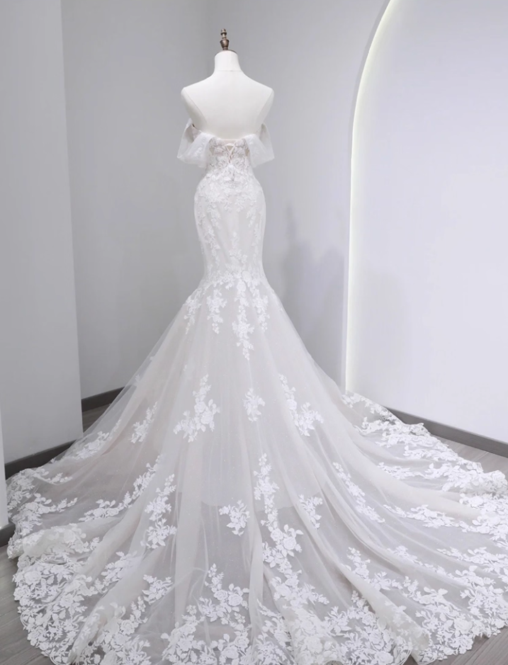 Glamorous Off-Shoulder Mermaid Bridal Dress Appliques Tulle Long Wedding Dress AP3159