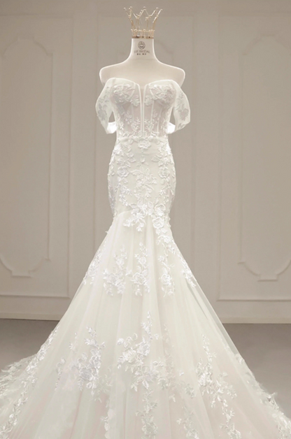 Glamorous Off-Shoulder Mermaid Bridal Dress Appliques Tulle Long Wedding Dress AP3159