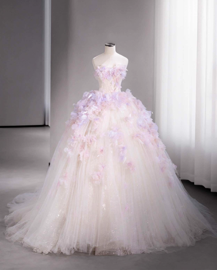 Dramatic Strapless A-Line Long Formal Dresses Sequins Appliques Tulle Prom Dress AP3160