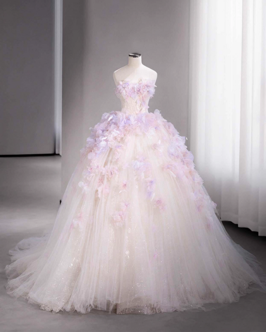 Dramatic Strapless A-Line Long Formal Dresses Sequins Appliques Tulle Prom Dress AP3160