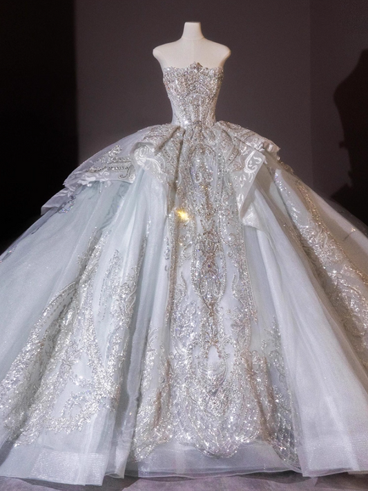 Stunning A-Line Strapless Engagement Gowns Beadings Appliques Sequins Tulle Wedding Dress AP3161