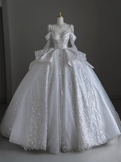Novelty A-Line Jewel Neck Bridal Gowns Long Sleeve Satin Tulle Beading Appliques Wedding Dress AP3162