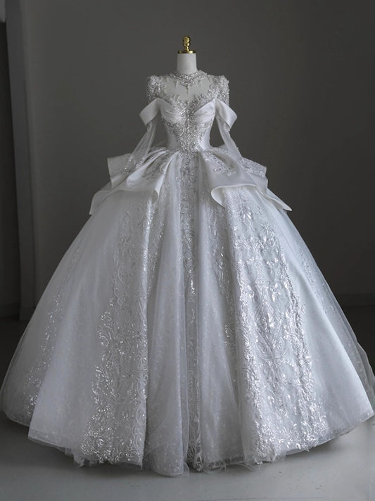 Novelty A-Line Jewel Neck Bridal Gowns Long Sleeve Satin Tulle Beading Appliques Wedding Dress AP3162