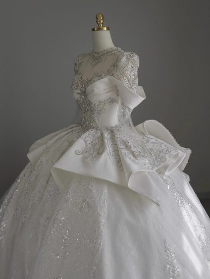 Novelty A-Line Jewel Neck Bridal Gowns Long Sleeve Satin Tulle Beading Appliques Wedding Dress AP3162