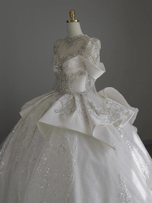 Novelty A-Line Jewel Neck Bridal Gowns Long Sleeve Satin Tulle Beading Appliques Wedding Dress AP3162