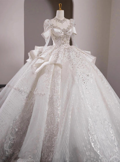 Novelty A-Line Jewel Neck Bridal Gowns Long Sleeve Satin Tulle Beading Appliques Wedding Dress AP3162