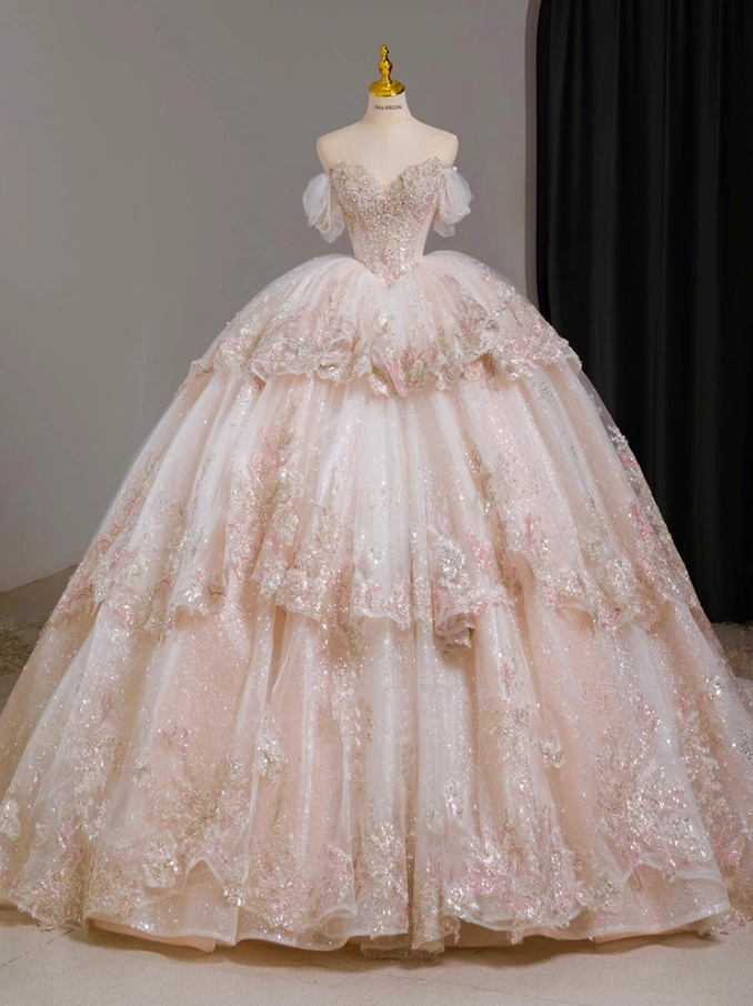 Unique Off Shoulder A-Line Tiered Long Sweet 16th Dresses Appliques Sequins Beading Tulle Prom Dress AP3163