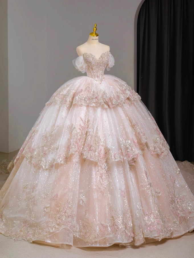 Unique Off Shoulder A-Line Tiered Long Sweet 16th Dresses Appliques Sequins Beading Tulle Prom Dress AP3163