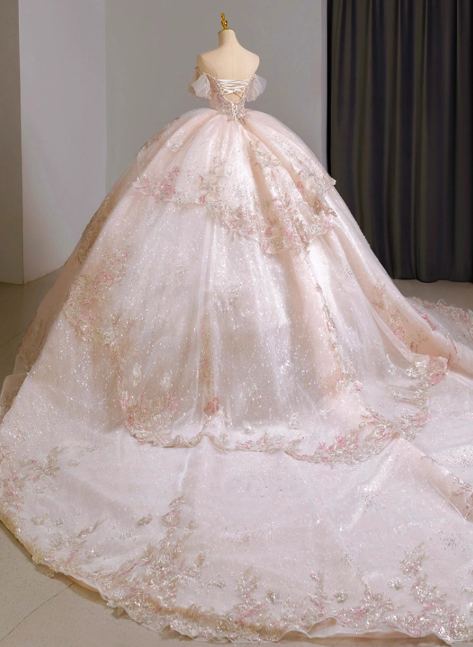 Unique Off Shoulder A-Line Tiered Long Sweet 16th Dresses Appliques Sequins Beading Tulle Prom Dress AP3163