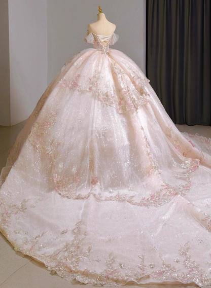 Unique Off Shoulder A-Line Tiered Long Sweet 16th Dresses Appliques Sequins Beading Tulle Prom Dress AP3163