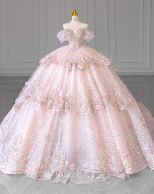 Unique Off Shoulder A-Line Tiered Long Sweet 16th Dresses Appliques Sequins Beading Tulle Prom Dress AP3163