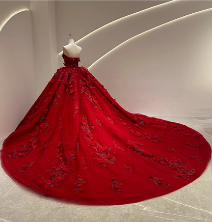 Fashionable Strapless A-Line Long Evening Dresses Red Beads Handmade Flowers Prom Dress AP3164