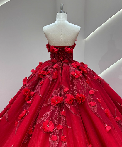 Fashionable Strapless A-Line Long Evening Dresses Red Beads Handmade Flowers Prom Dress AP3164